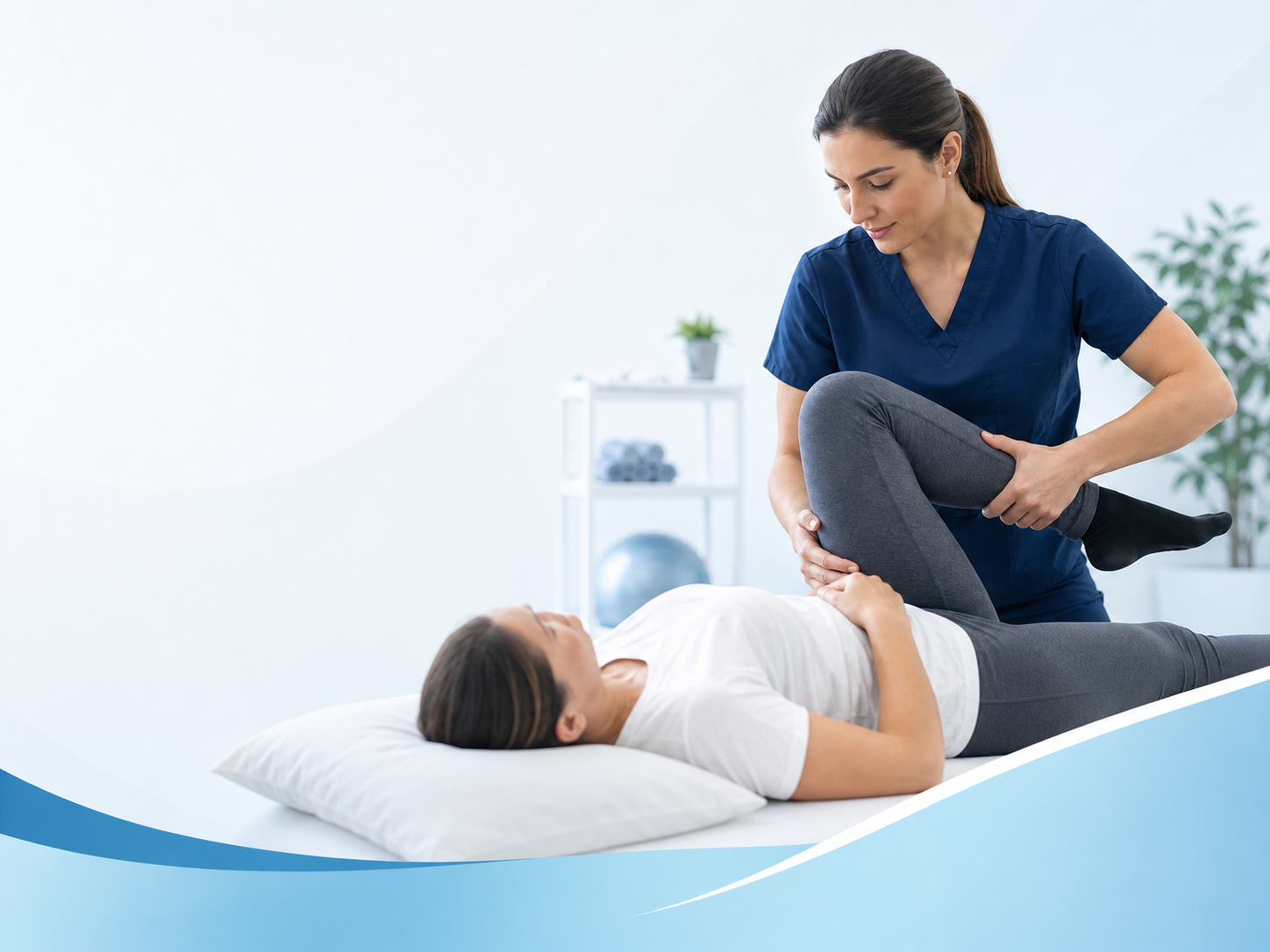 Kinesióloga movilizando de forma guiada la pierna de una paciente.